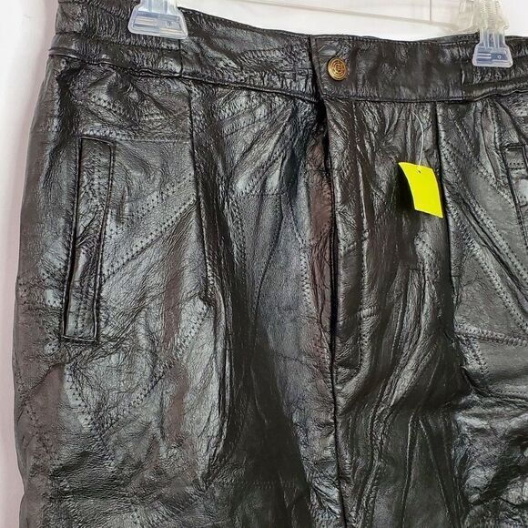 Vintage 80s Black Patchwork Leather Above Knee Pencil Skirt High Waist Sz M - Picture 2 of 4